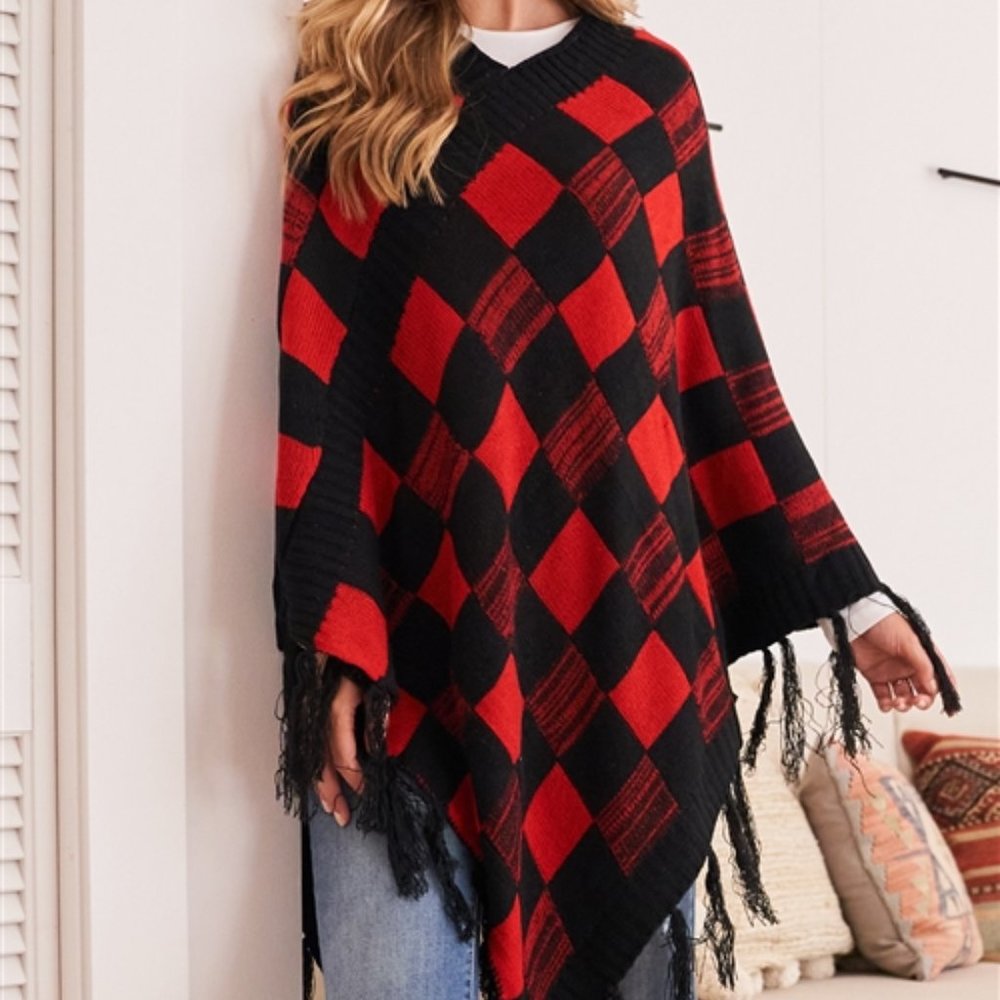 CHECKERED PRINT PONCHO - SOFT - Picture 2 of 4